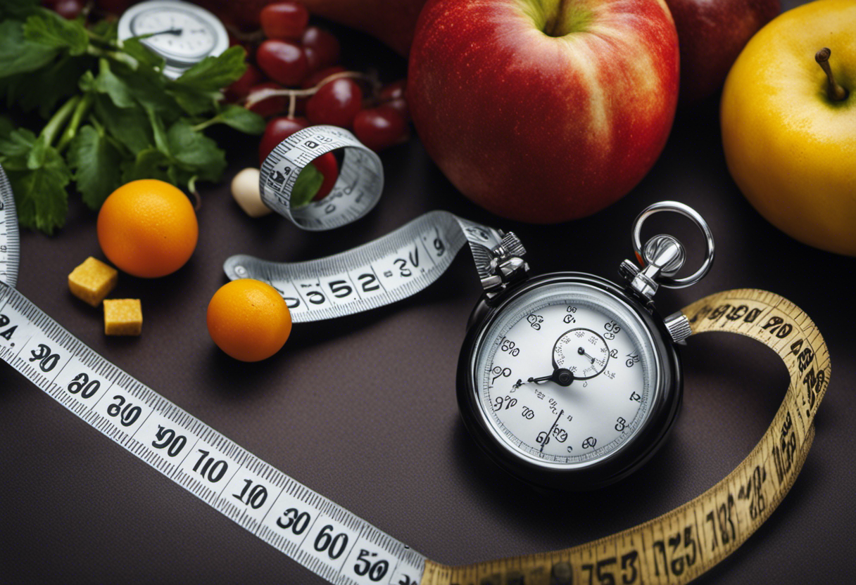 A compelling image showcasing the journey of weight loss, with various healthy food options, a measuring tape, a stopwatch, and a bottle of weight loss medication, symbolizing strategies and possibilities to lose 10kg in one month