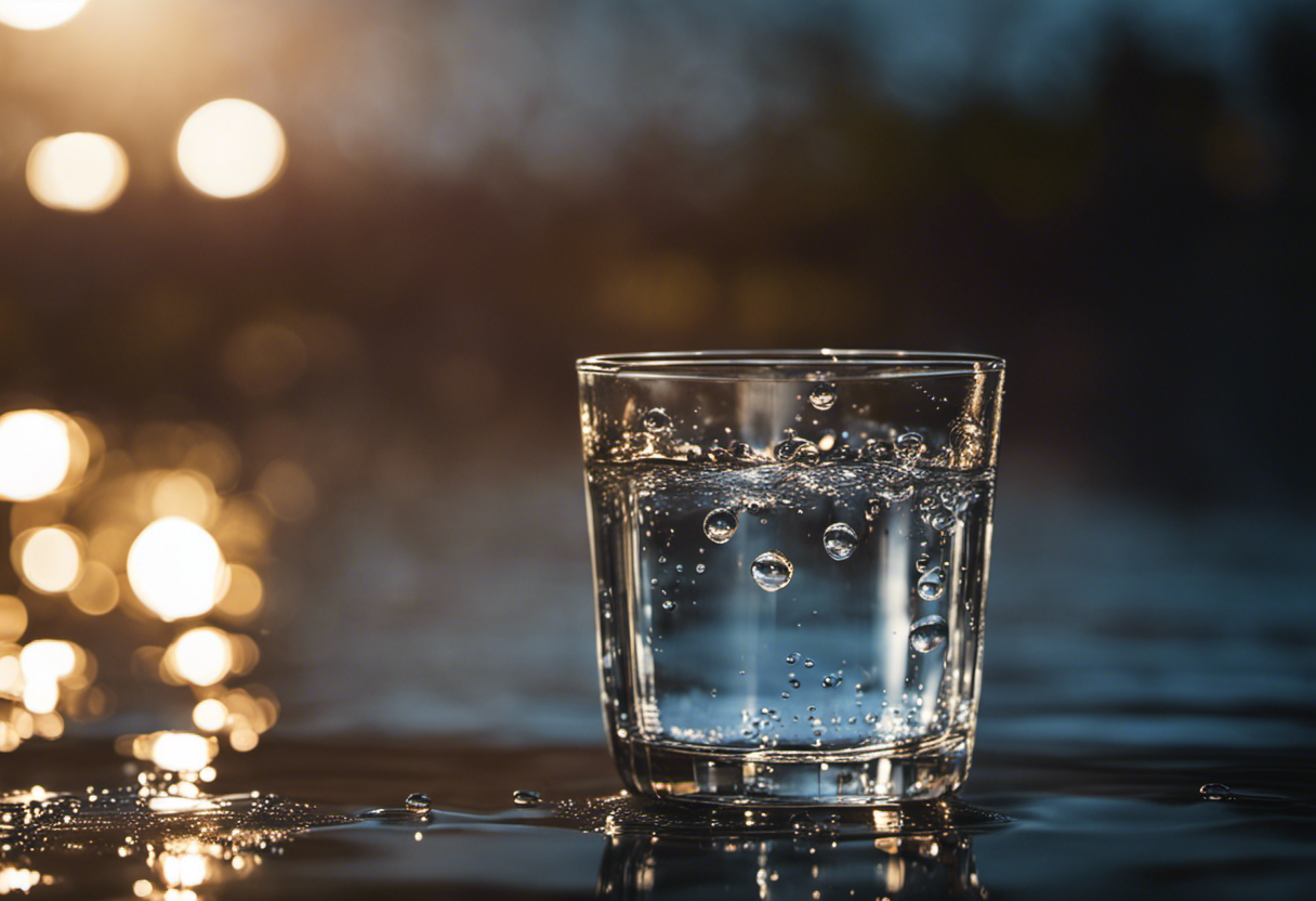 An image showcasing a glass filled with water, surrounded by a trail of wet footprints leading to a container of creatine