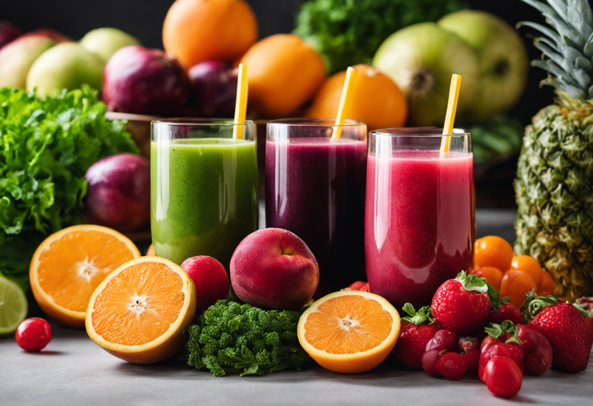 An image showcasing a vibrant glass of Detox Juice, surrounded by a variety of fresh fruits and vegetables