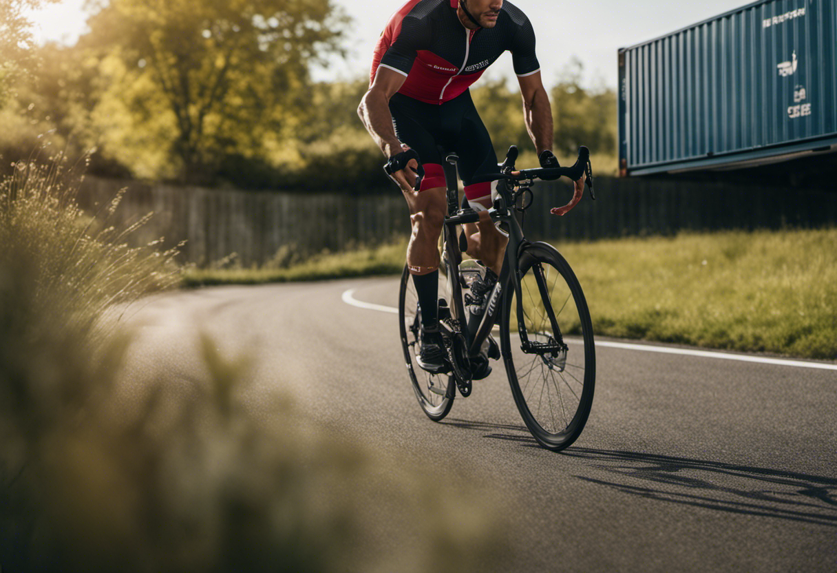 An image showcasing a cyclist effortlessly pedaling uphill, with their muscles defined and powerful, while a container of creatine supplement sits in the foreground, symbolizing the benefits it provides for cyclists' performance