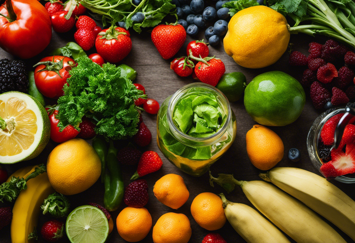An image: A vibrant collage of fresh fruits and vegetables, along with a glass of detox water, showcasing the ingredients used in Slim Detox