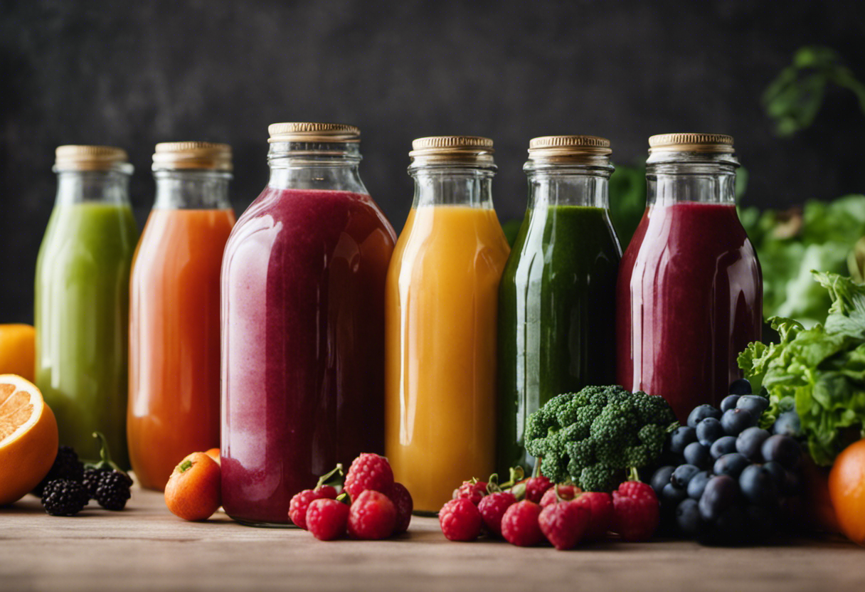 An image depicting a variety of colorful fruits and vegetables neatly arranged beside a row of empty bottles, showcasing the process of preparing and storing detox juice for the whole week