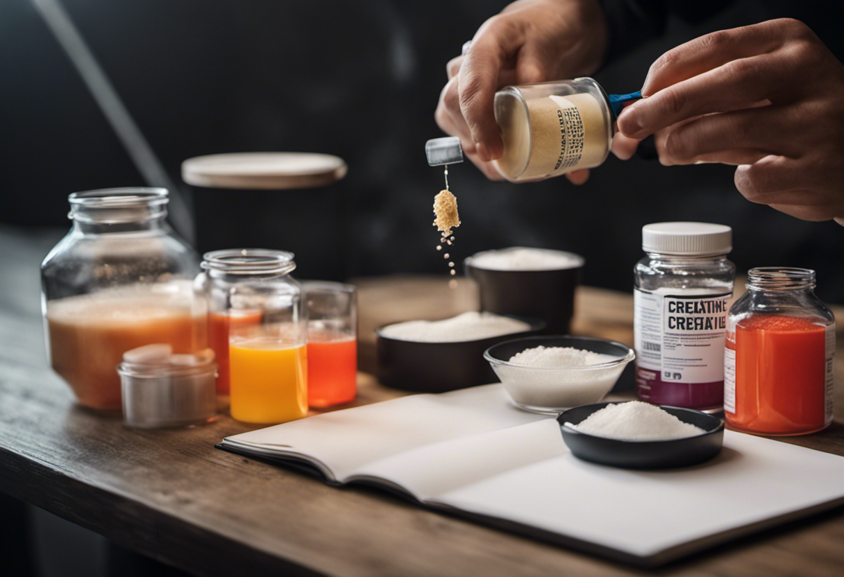 An image showcasing a person conducting a scientific experiment with different containers of creatine, a measuring scale, and a notebook with guidelines on how to determine the quality of creatine