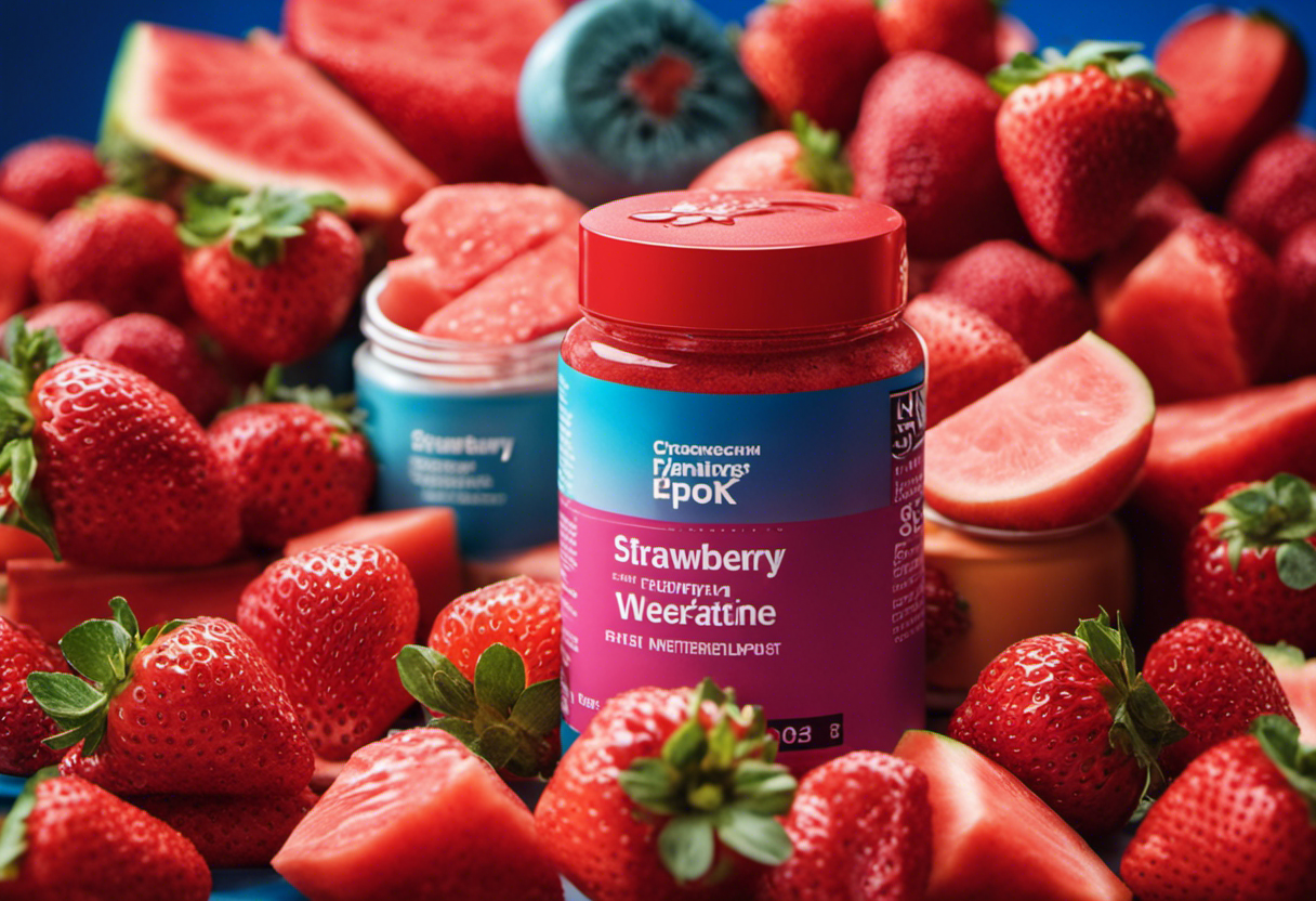 An image showcasing a colorful assortment of flavored creatine supplements, including popular flavors like strawberry, watermelon, and blue raspberry