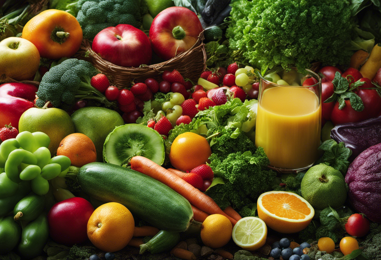 An image showcasing the contrasting elements of intestinal detoxification, depicting a vibrant, lush garden with fresh fruits and vegetables alongside a backdrop of discarded junk food and pollutants