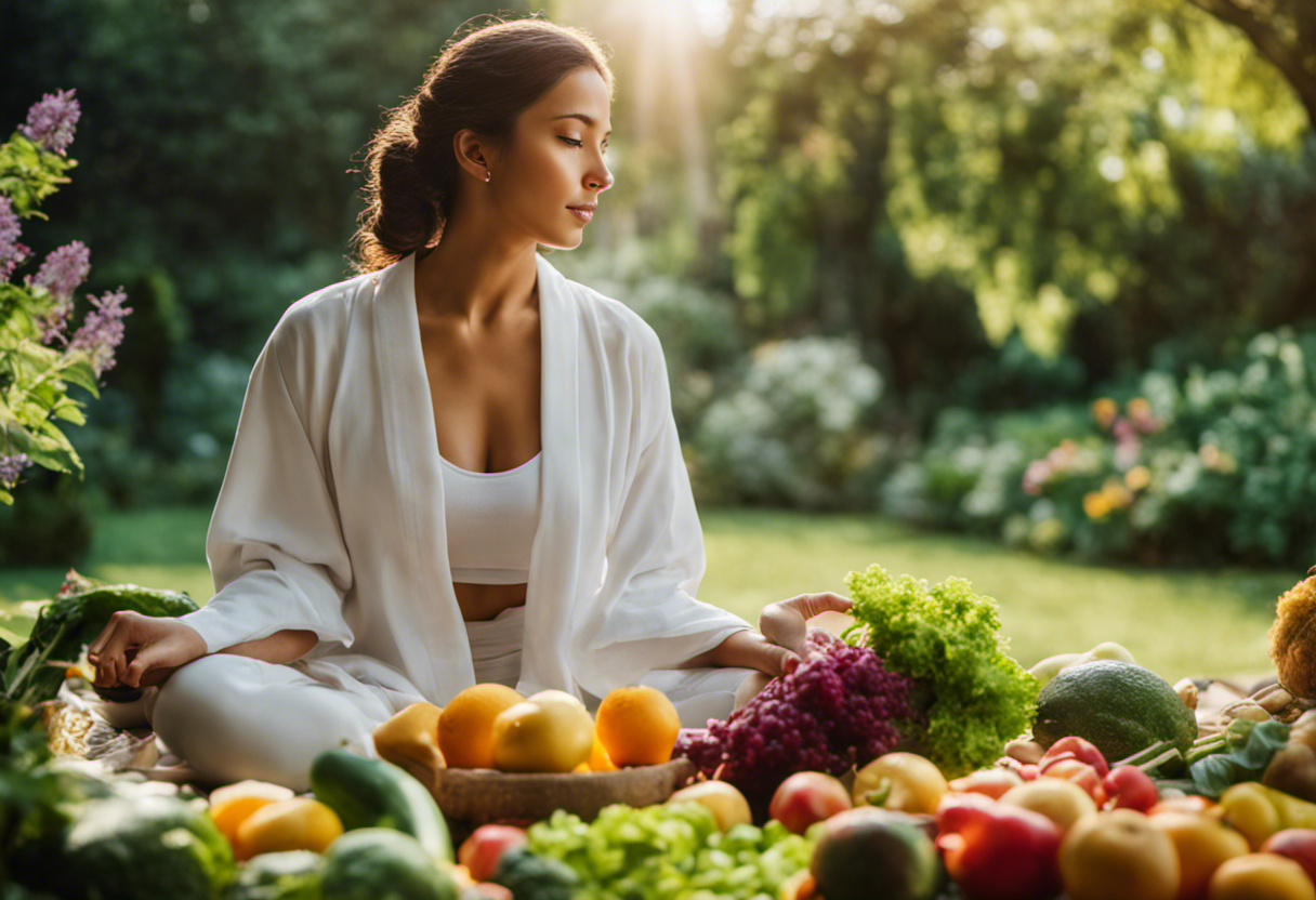 An image with a peaceful and healing vibe, featuring a woman in a serene garden setting, engaging in light exercise or meditation