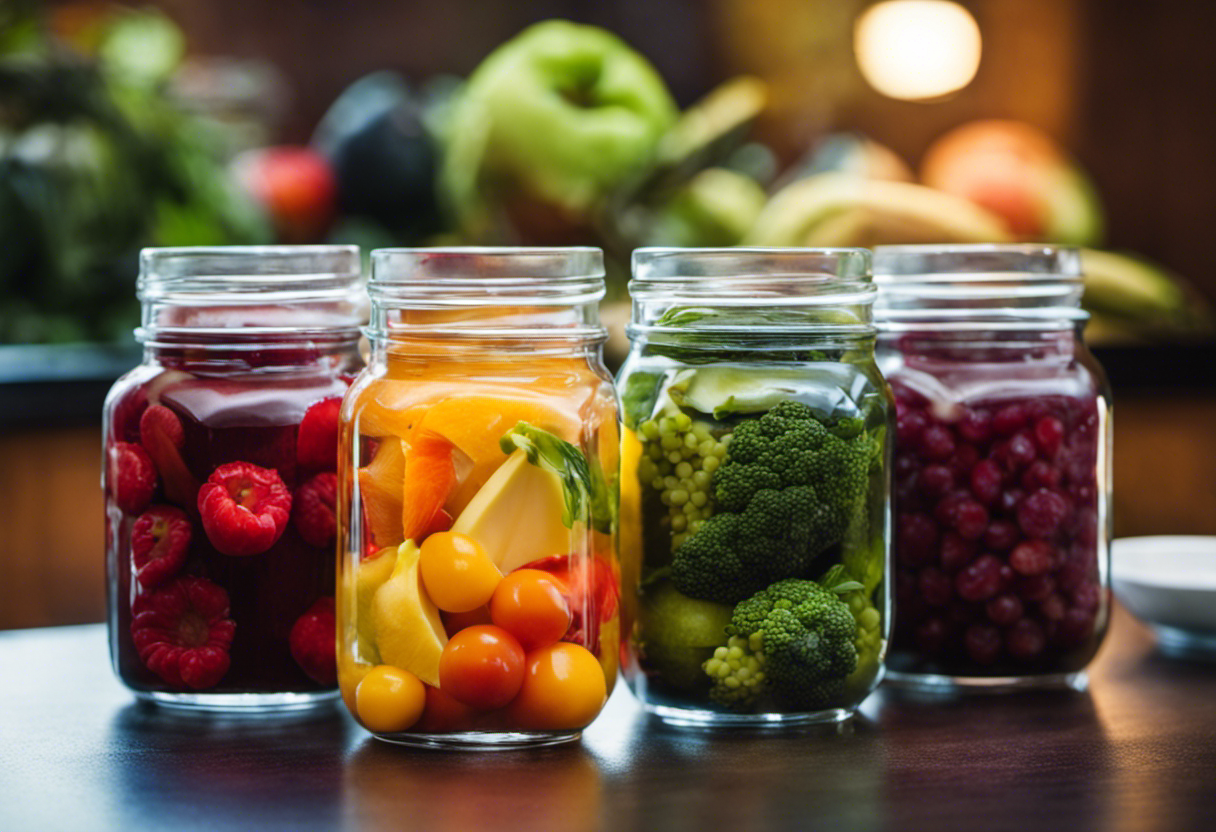 An image featuring a variety of colorful and vibrant fruits and vegetables, beautifully arranged in a glass jar filled with a refreshing detoxifying liquid, showcasing the essence of a liquid detox diet