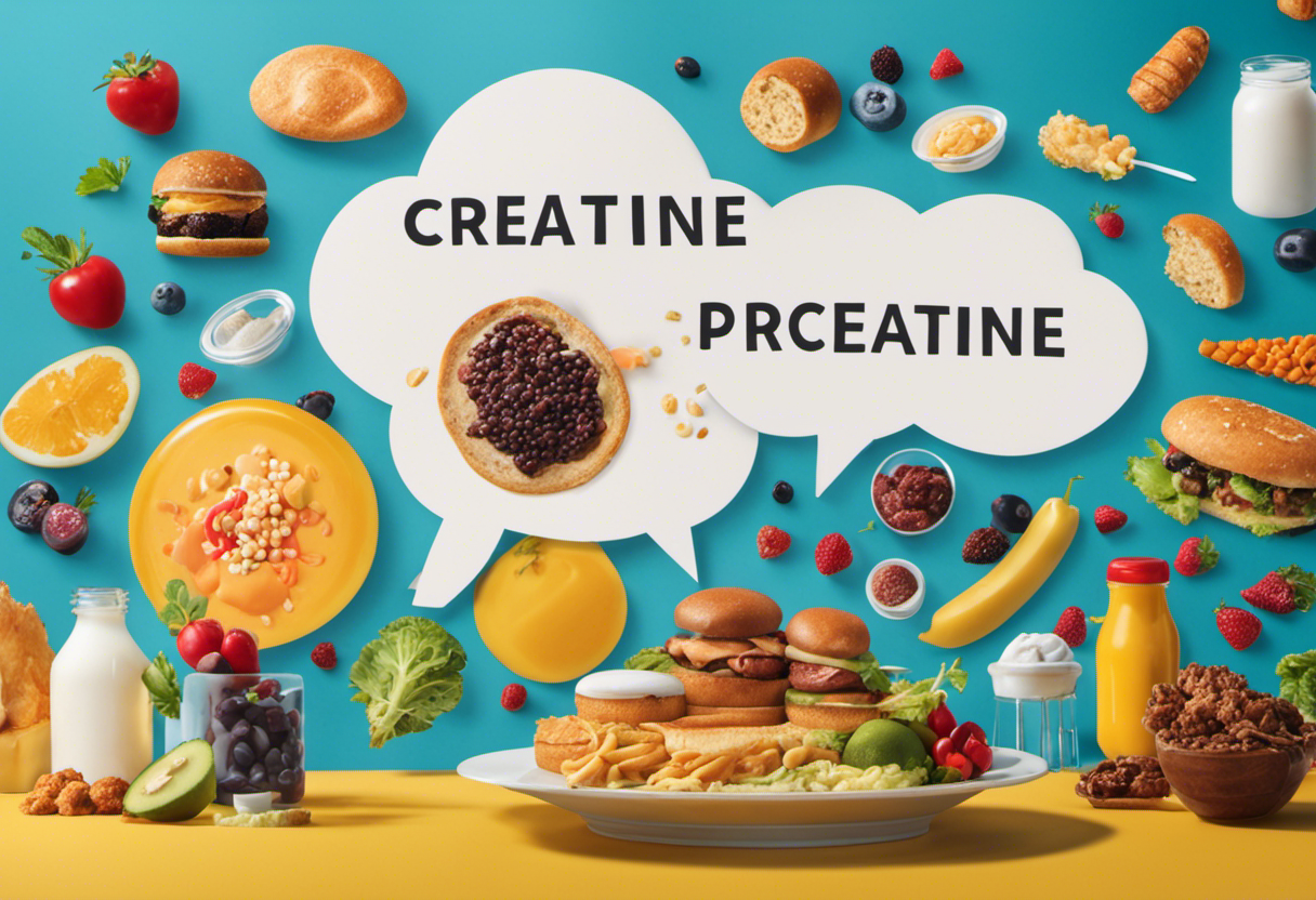 An image featuring a person engaging in intense physical activity, with a thought bubble showing various food items