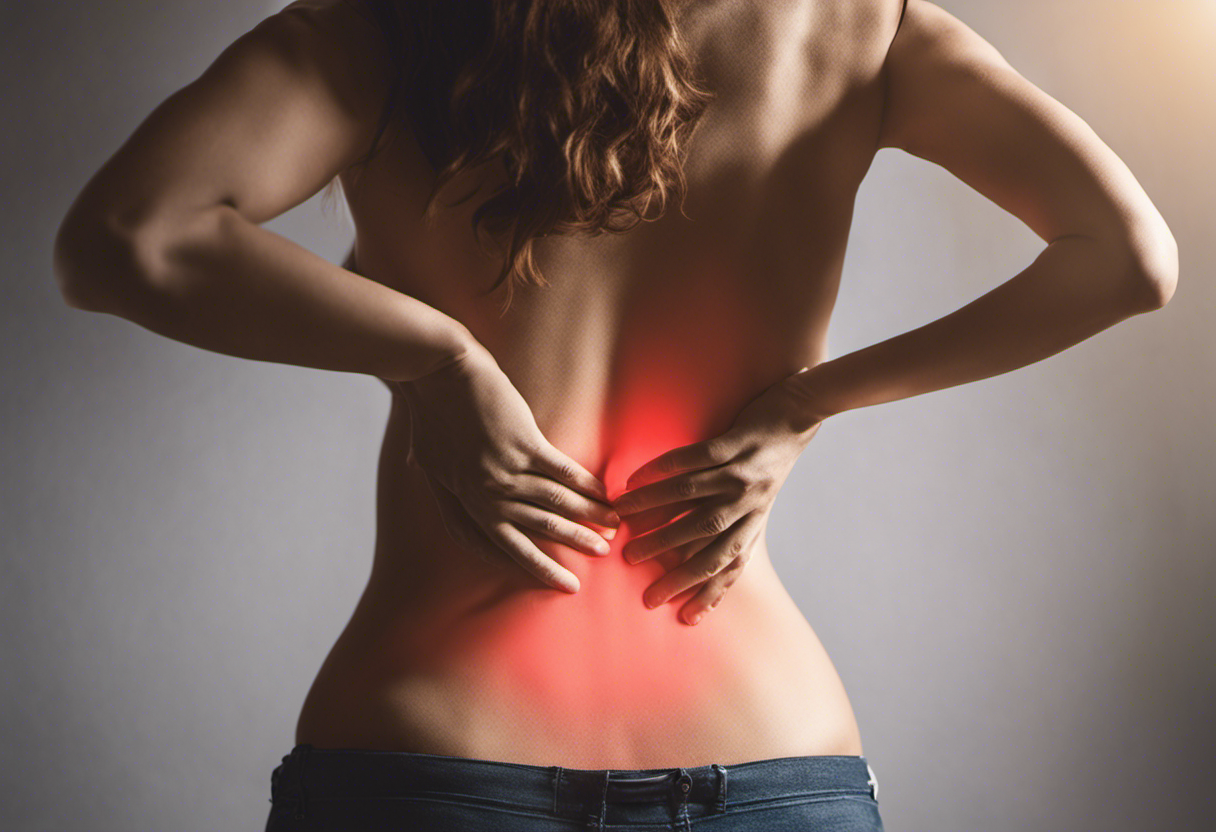 An image depicting a woman in pain, holding her lower back and grimacing, highlighting the specific symptoms of back pain caused by endometriosis