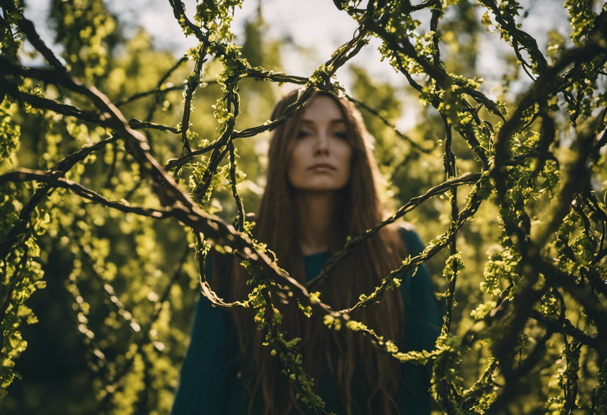 An image showcasing a person surrounded by tangled vines, representing social media, while they break free, symbolizing the importance of detoxifying from the online world