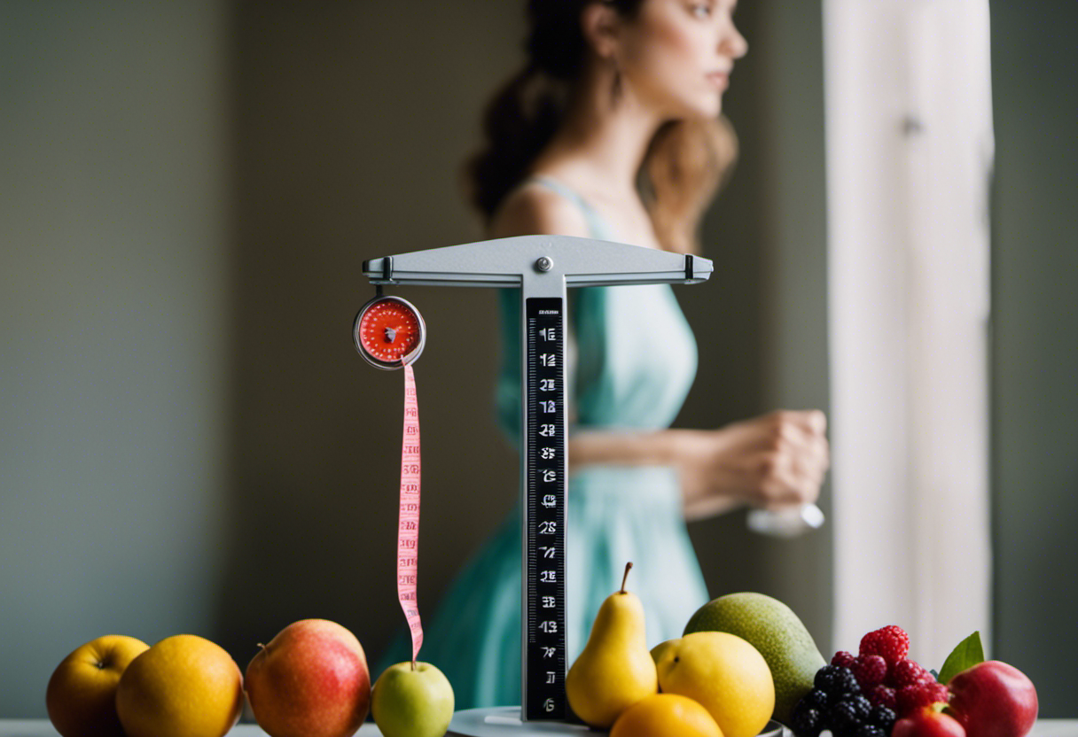 An image showcasing a woman confidently standing on a weighing scale, wearing a smaller-sized dress, surrounded by a tape measure, fruits, and a bottle of Saxenda