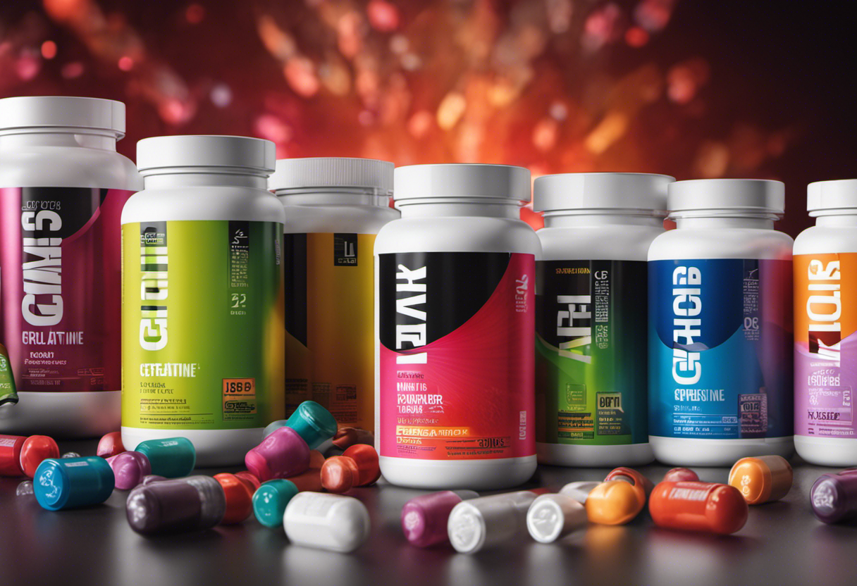 A vibrant image showcasing an array of creatine supplements, each labeled with their brand names and distinct packaging