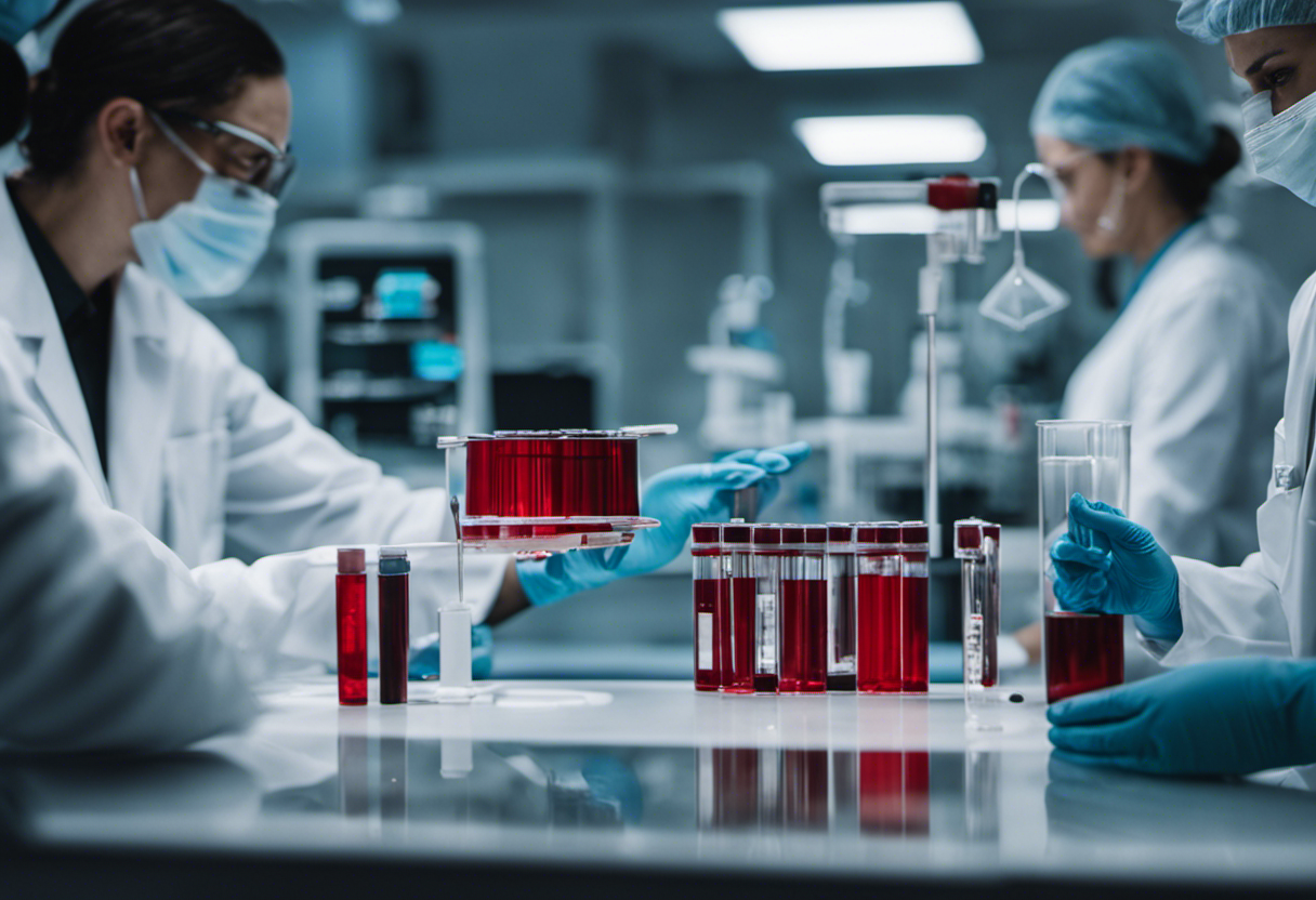 An image featuring a medical laboratory setting with a diverse group of patients undergoing blood tests, while a doctor holds a vial of Ozempic