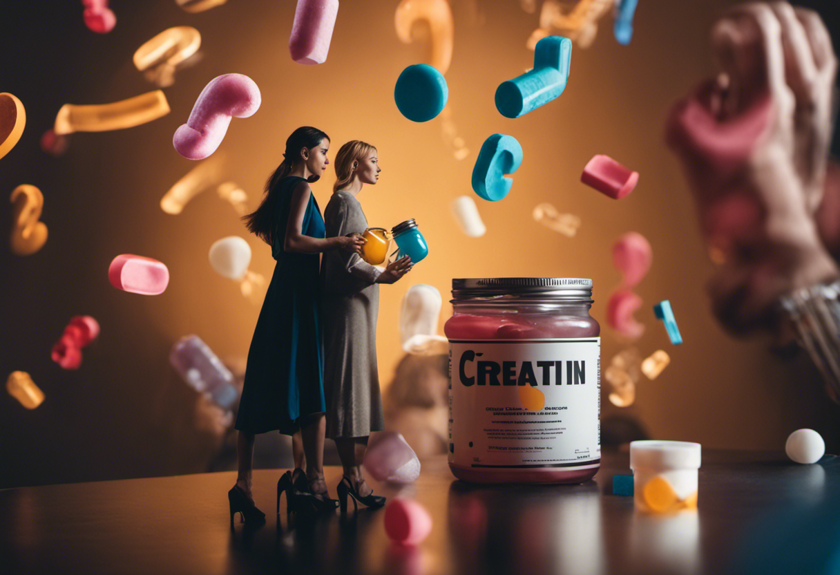 An image showcasing a person with anxiety surrounded by question marks, while another person with a calm expression holds a jar of creatine