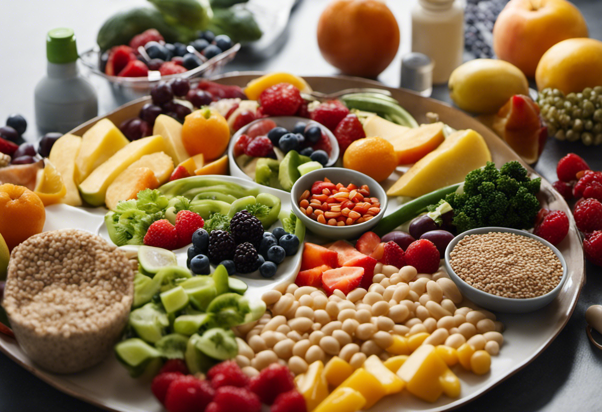 An image showcasing a colorful and balanced meal plan with portioned servings of fruits, vegetables, lean proteins, and whole grains