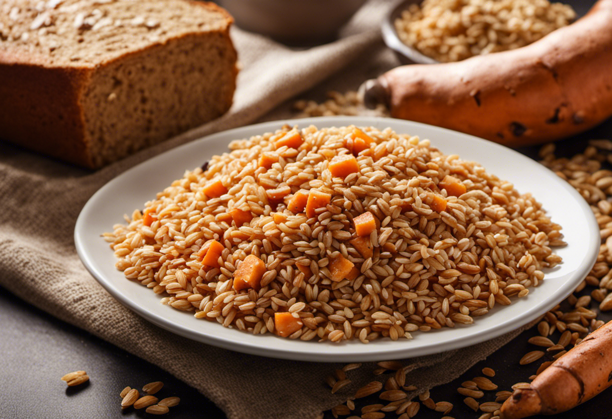 An image showcasing a plate filled with whole grain bread, sweet potatoes, and brown rice alongside a scoop of creatine powder