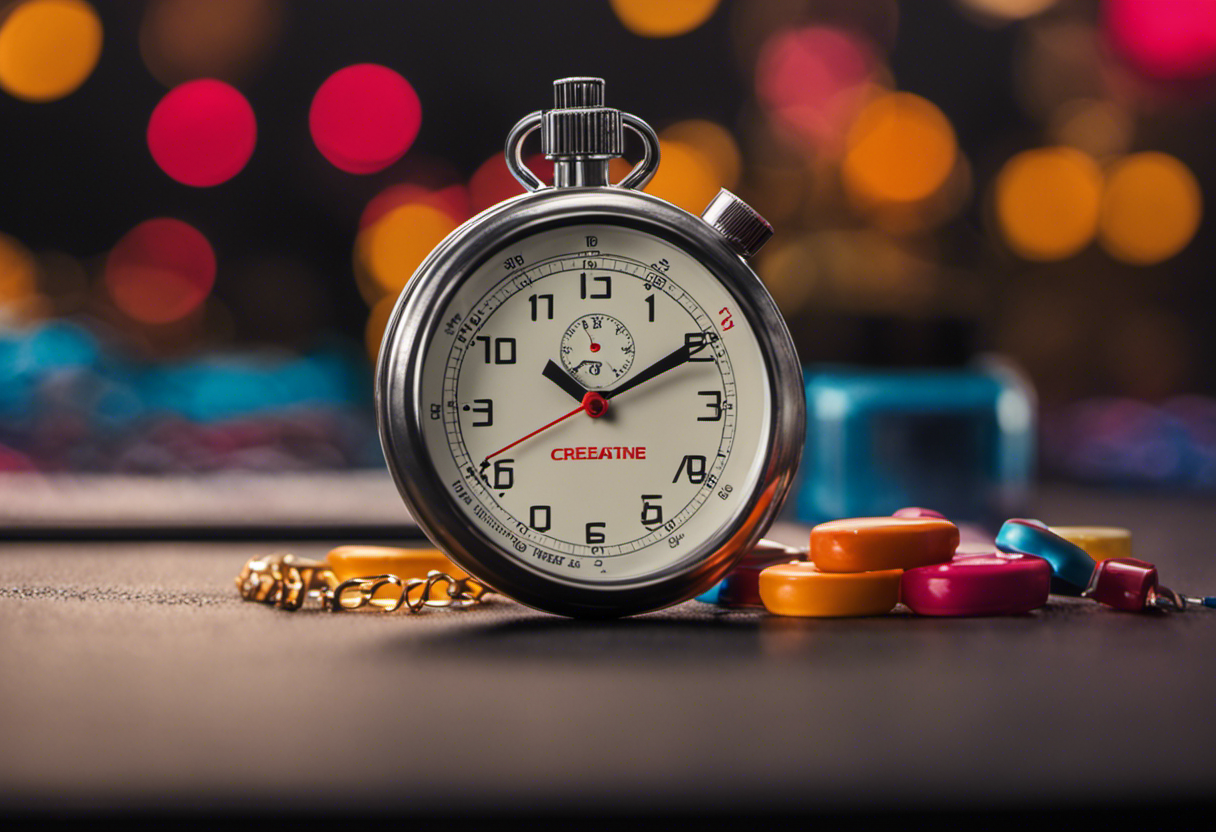 An image showcasing a stopwatch with a 3kg jar of creatine beside it