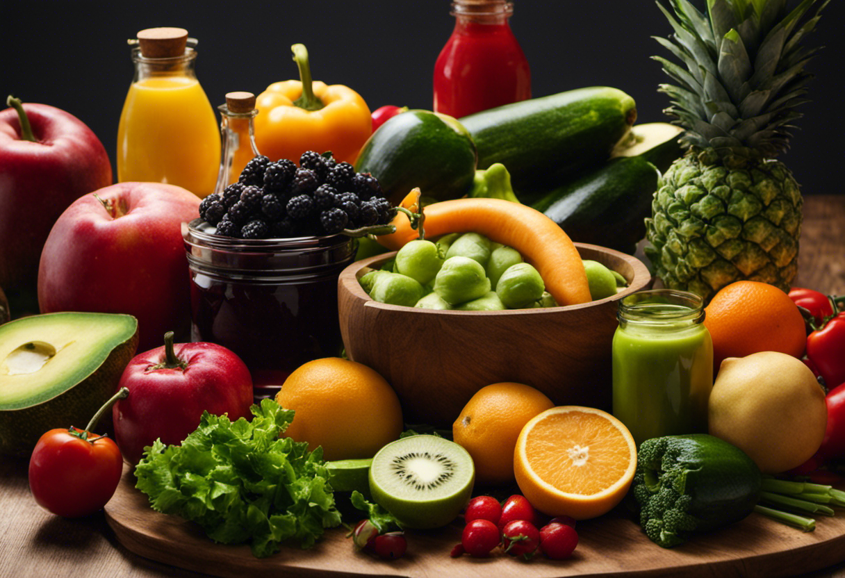 An image showcasing a vibrant assortment of fresh fruits and vegetables, neatly arranged on a wooden cutting board, surrounded by a collection of glass bottles and a blender, illustrating the process of preparing nutritious detox shots