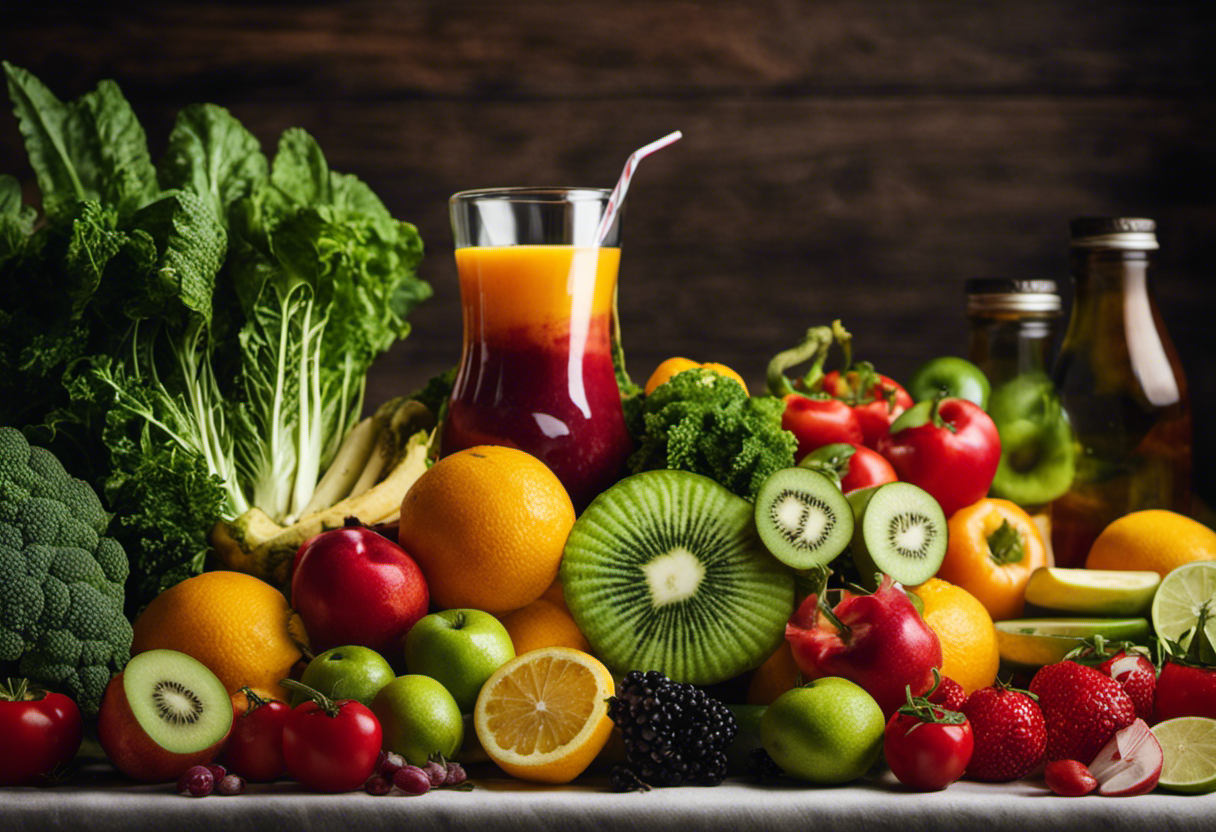 An image showcasing a colorful array of fresh fruits and vegetables, arranged in a beautiful and enticing manner