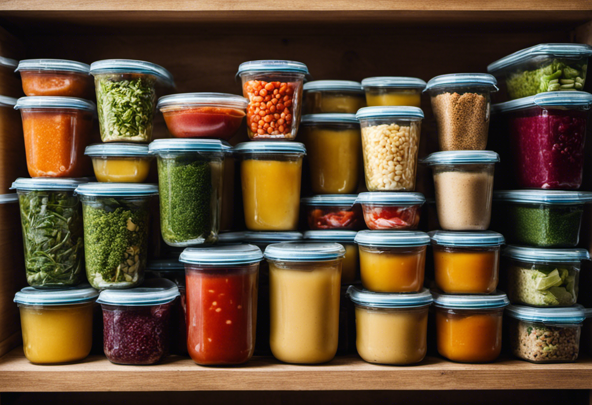 An image showcasing a variety of colorful, homemade detox soups stored in sealed containers, neatly arranged in a freezer