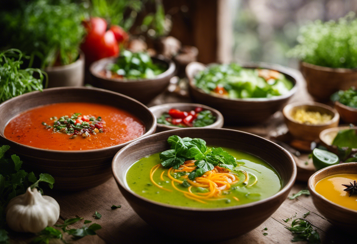An image that showcases a variety of colorful, nutrient-rich soups filled with fresh vegetables, herbs, and spices