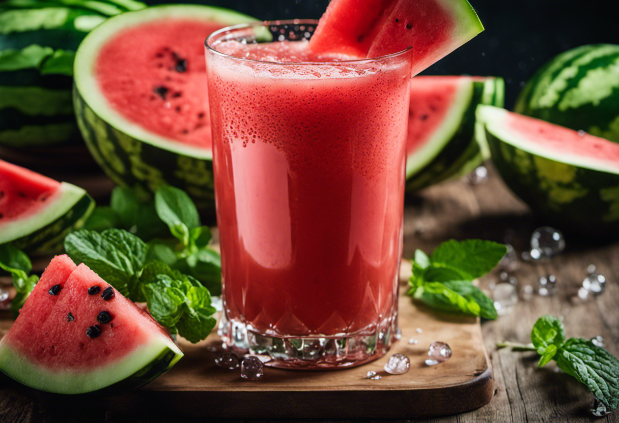An image showcasing a refreshing watermelon detox juice, served in a tall glass with droplets of condensation running down its sides