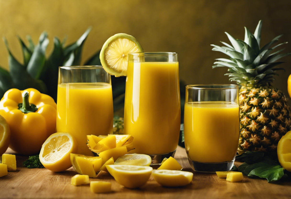An image showcasing a vibrant assortment of yellow detox juices bursting with nutrients and health benefits