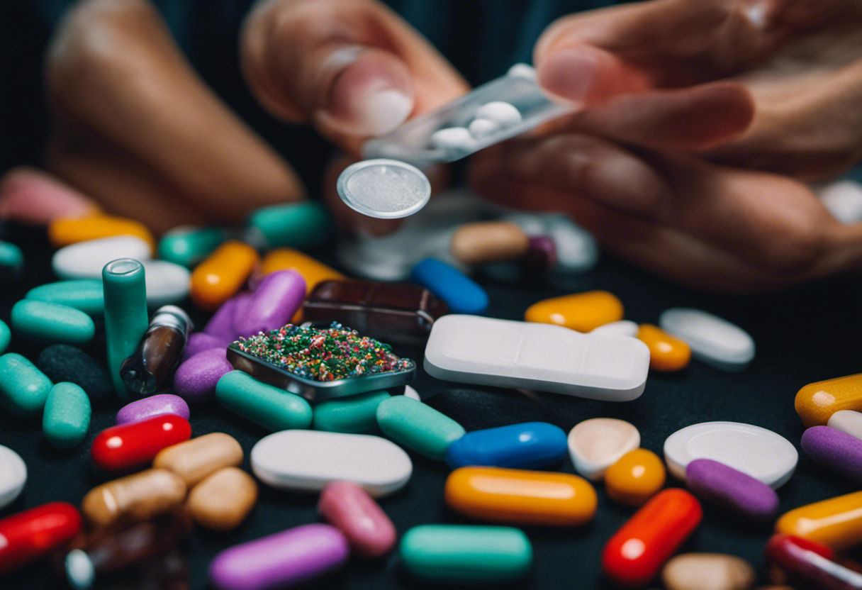An image featuring a close-up shot of a hand holding a blister pack of Ozempic and Oxandrolone tablets, surrounded by a variety of colored pills, syringes, and medical equipment