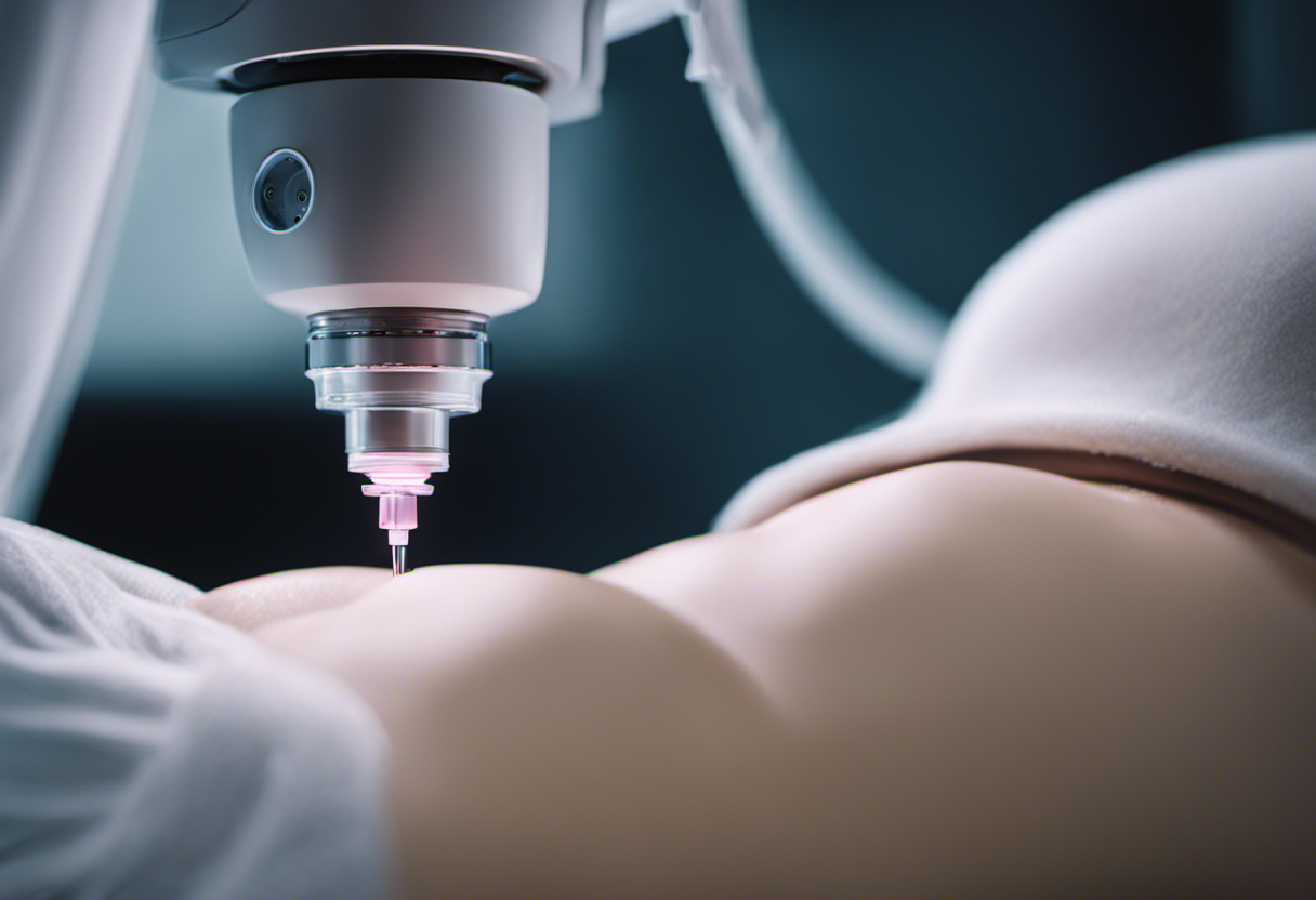 An image showcasing a close-up view of a transvaginal ultrasound device delicately positioned near a woman's pelvic area, capturing the meticulous diagnostic process for endometriosis evaluation