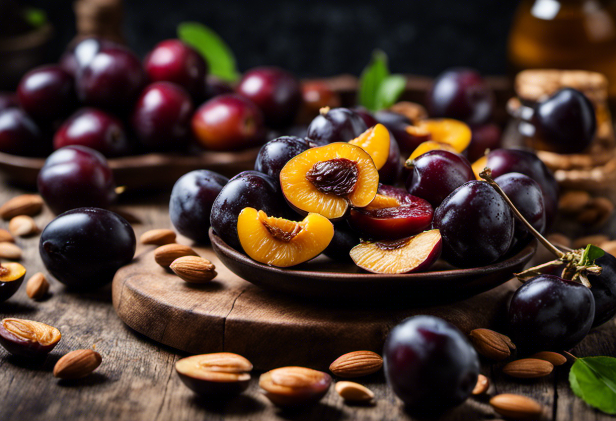 An image showcasing a rustic wooden cutting board adorned with a colorful assortment of dried black plums, alongside a bowl filled with chopped almonds and a drizzle of honey, evoking a sense of nutrition and tempting recipes