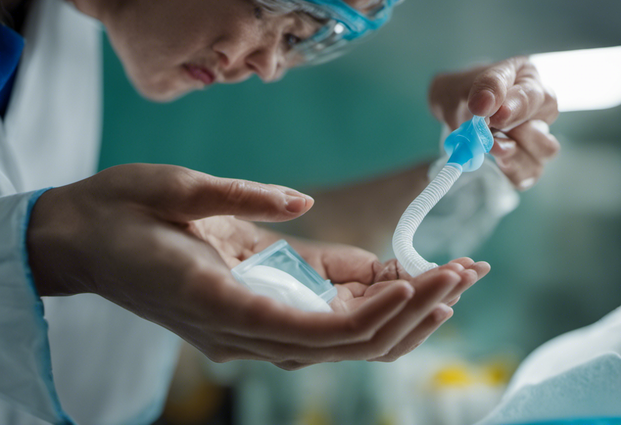 An image showcasing a clean, sterile environment with a caregiver gently cleaning a gastrostomy bag