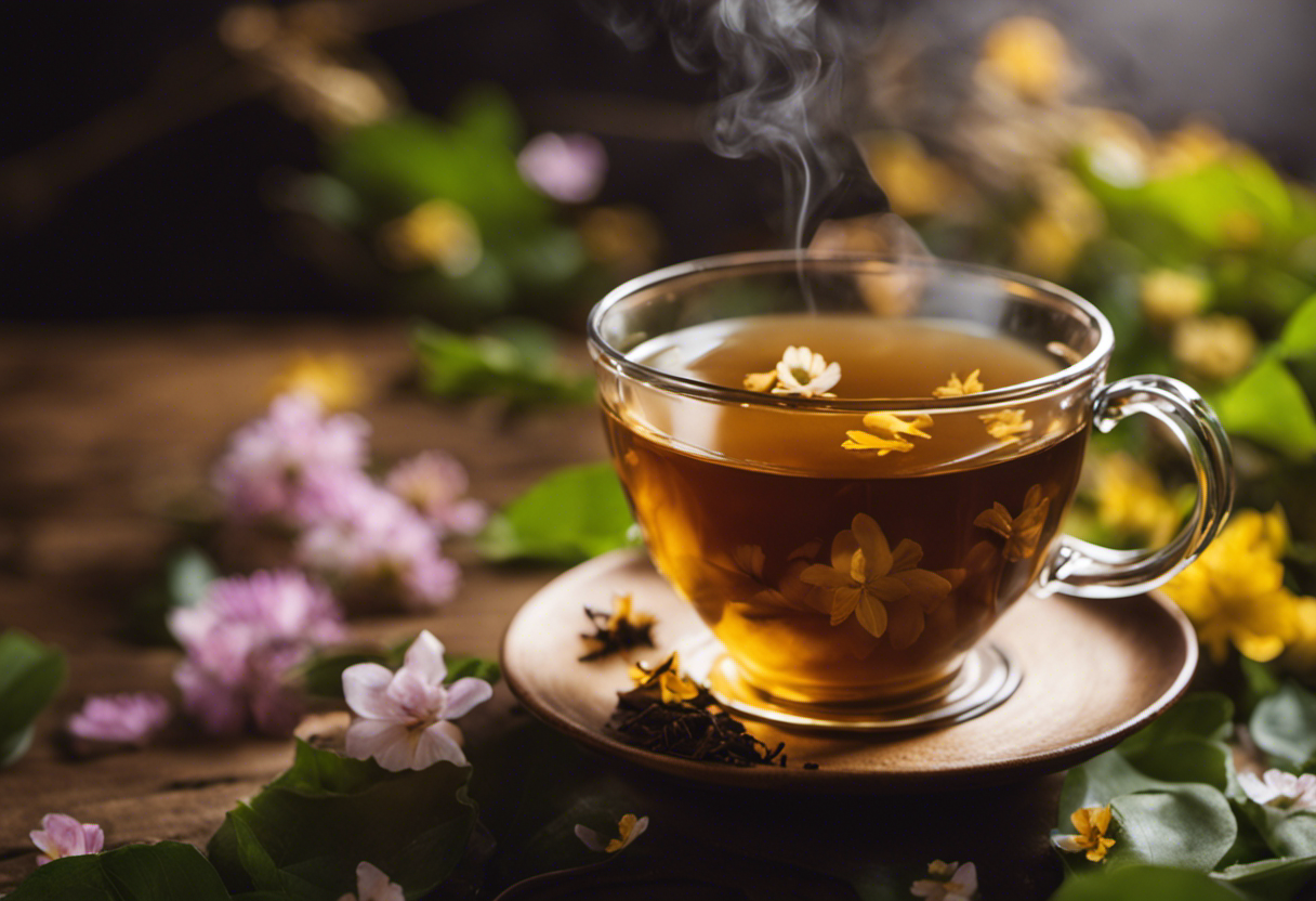 An image showcasing a steaming cup of dark golden Tea of Angico, adorned with delicate flower petals and surrounded by a serene backdrop of lush green leaves and a rustic wooden tea set