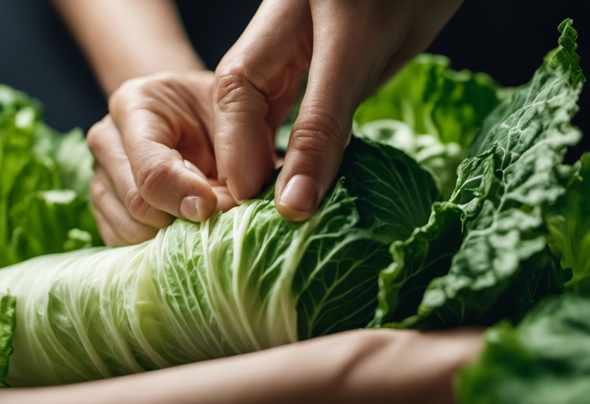 An image showing a hand wrapping a cold, leafy cabbage compress around a leg, gently pressing it against varicose veins