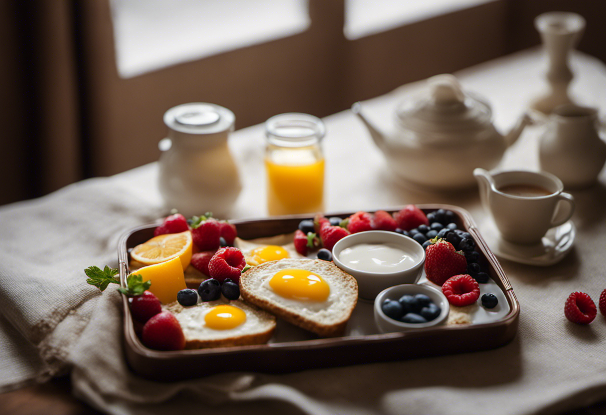 An image capturing a serene morning scene with a beautifully arranged breakfast tray