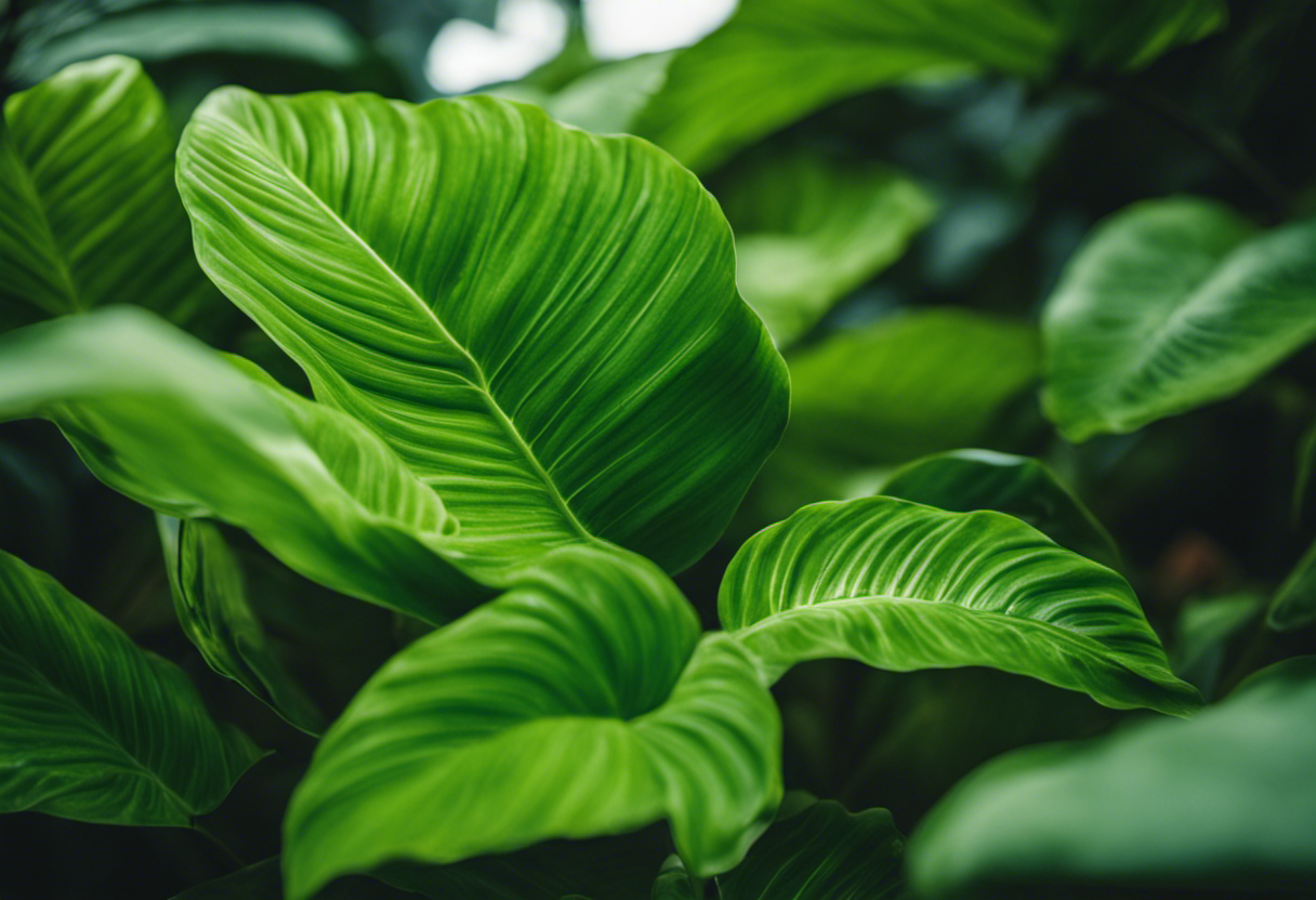 An image showcasing the vibrant green leaves of the Guinea plant, nestled amidst lush tropical foliage