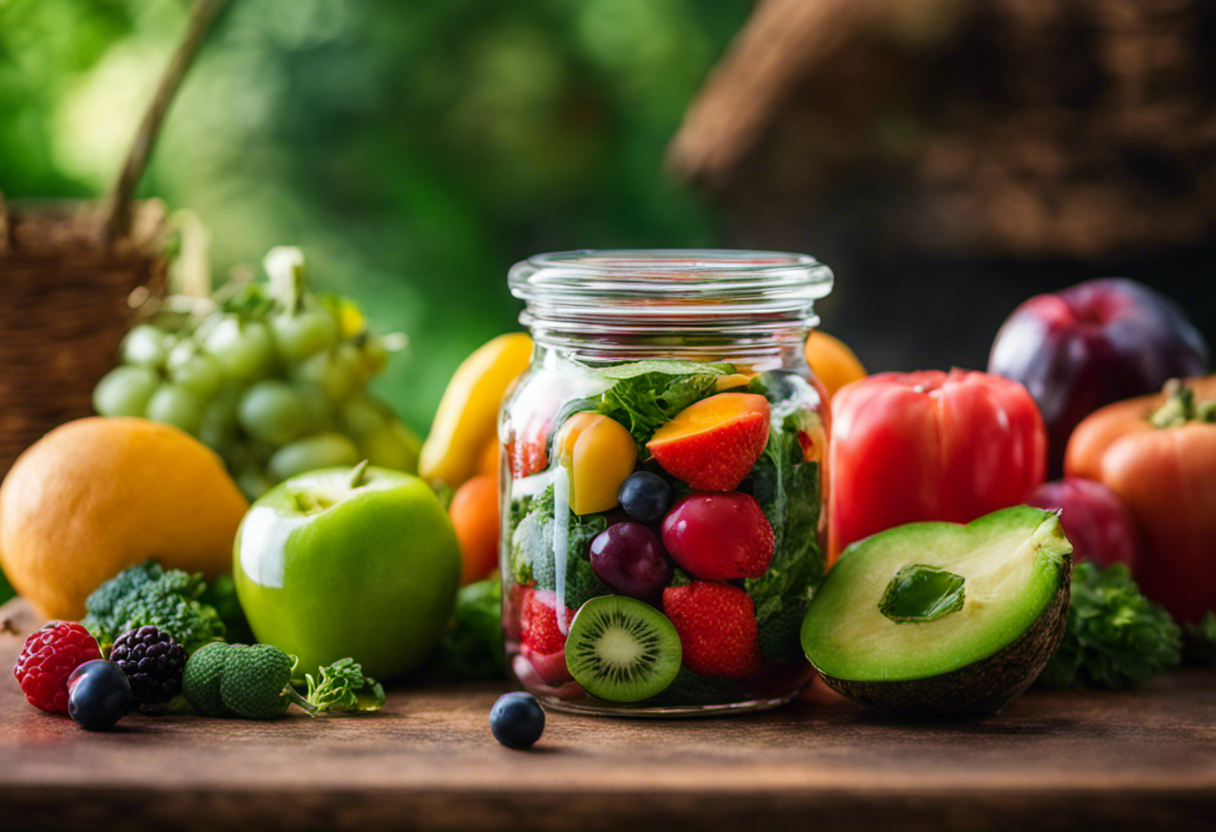 An image showcasing a glass jar filled with a vibrant green garrafada, surrounded by an assortment of fresh, colorful fruits and vegetables