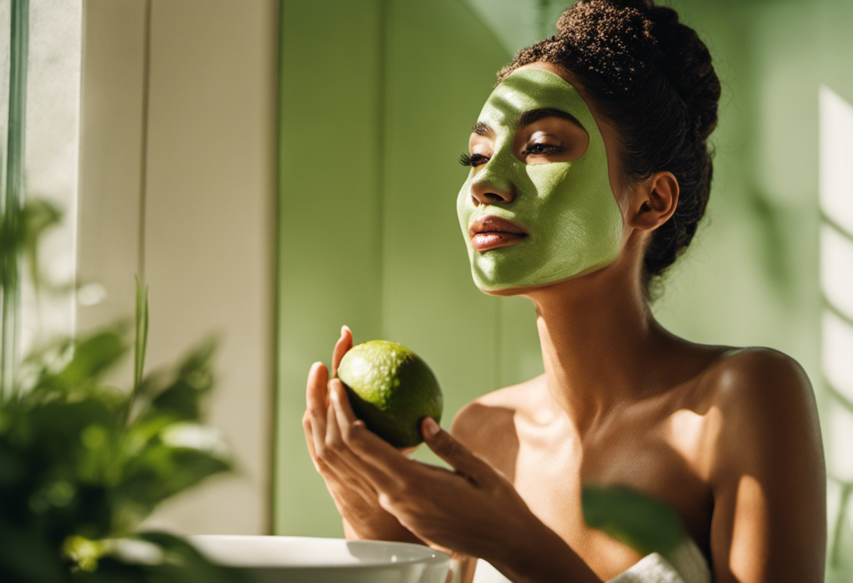 An image featuring a serene, sunlit bathroom with a woman wearing an avocado face mask