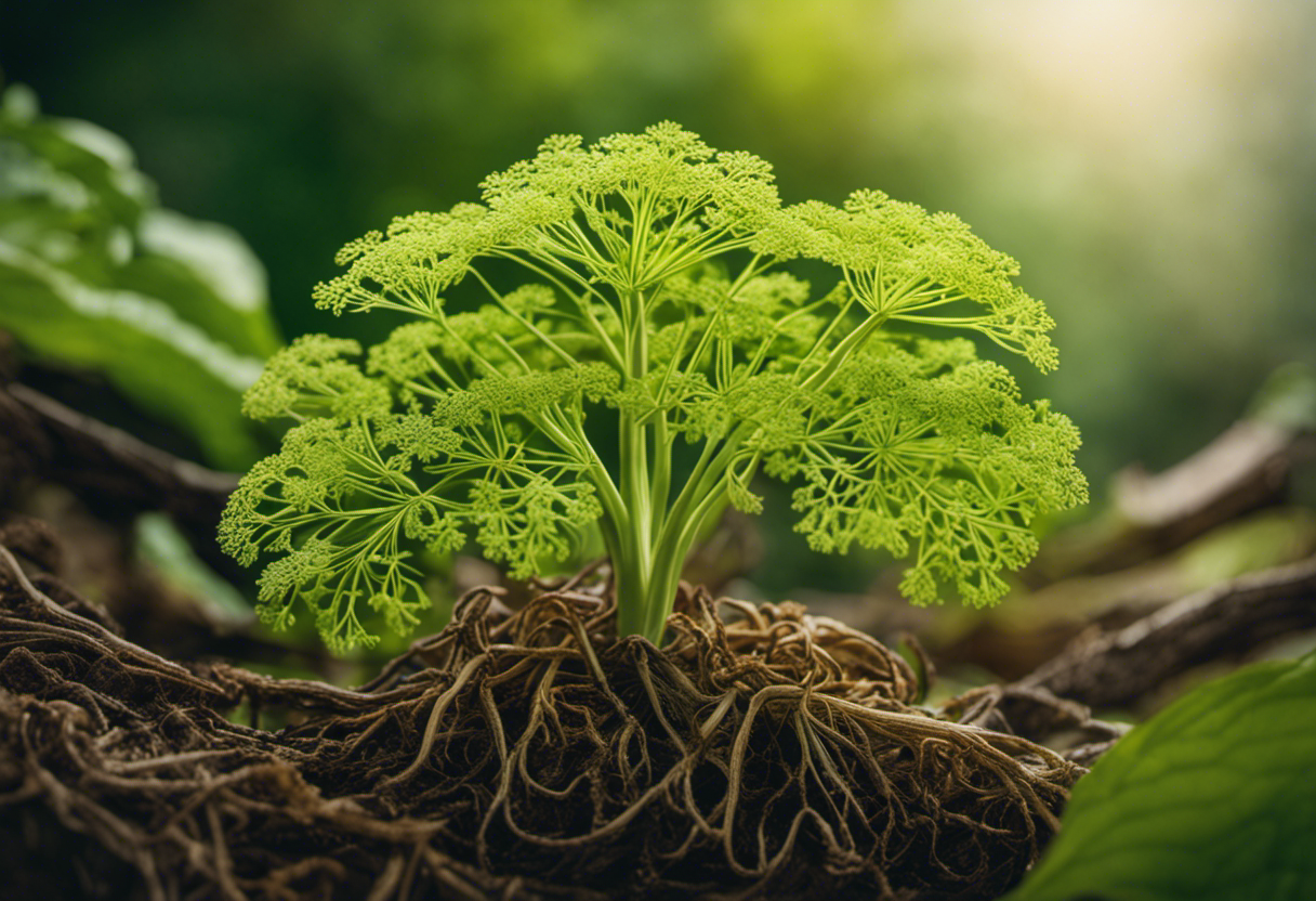 An image showcasing a vibrant botanical illustration of angelica root, highlighting its intricate network of thick, fleshy roots, delicate green leaves, and tall, sturdy stem, evoking its rich medicinal heritage