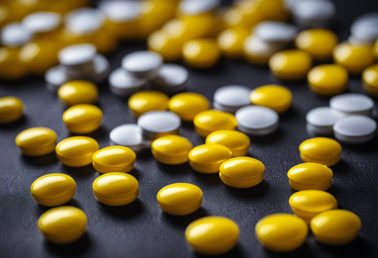 An image showcasing a close-up of a blister pack of Thiamine 100mg tablets, with vibrant yellow pills neatly arranged, emphasizing its commonly recommended dosage and potential health benefits