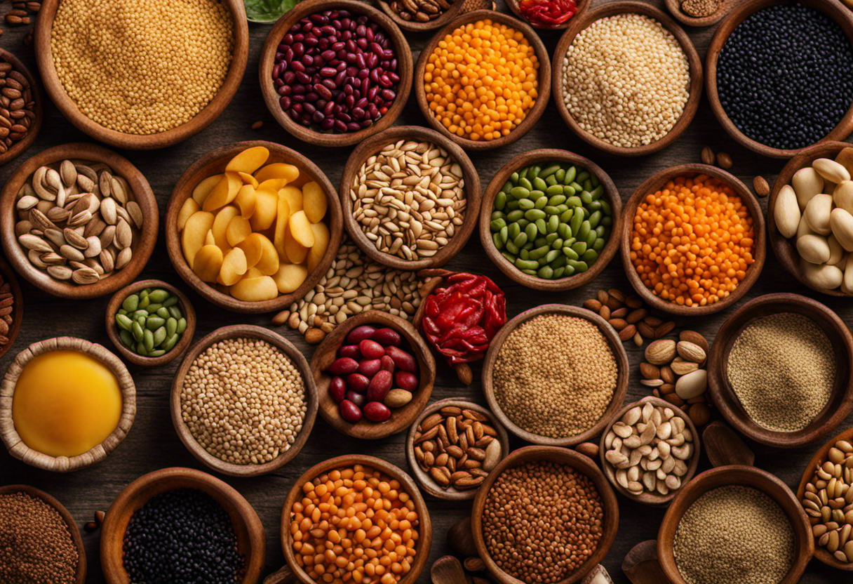 An image showcasing a vibrant, close-up view of a variety of thiamine-rich foods, such as whole grains, legumes, nuts, and seeds, beautifully arranged in a circular pattern with intricate details and rich colors