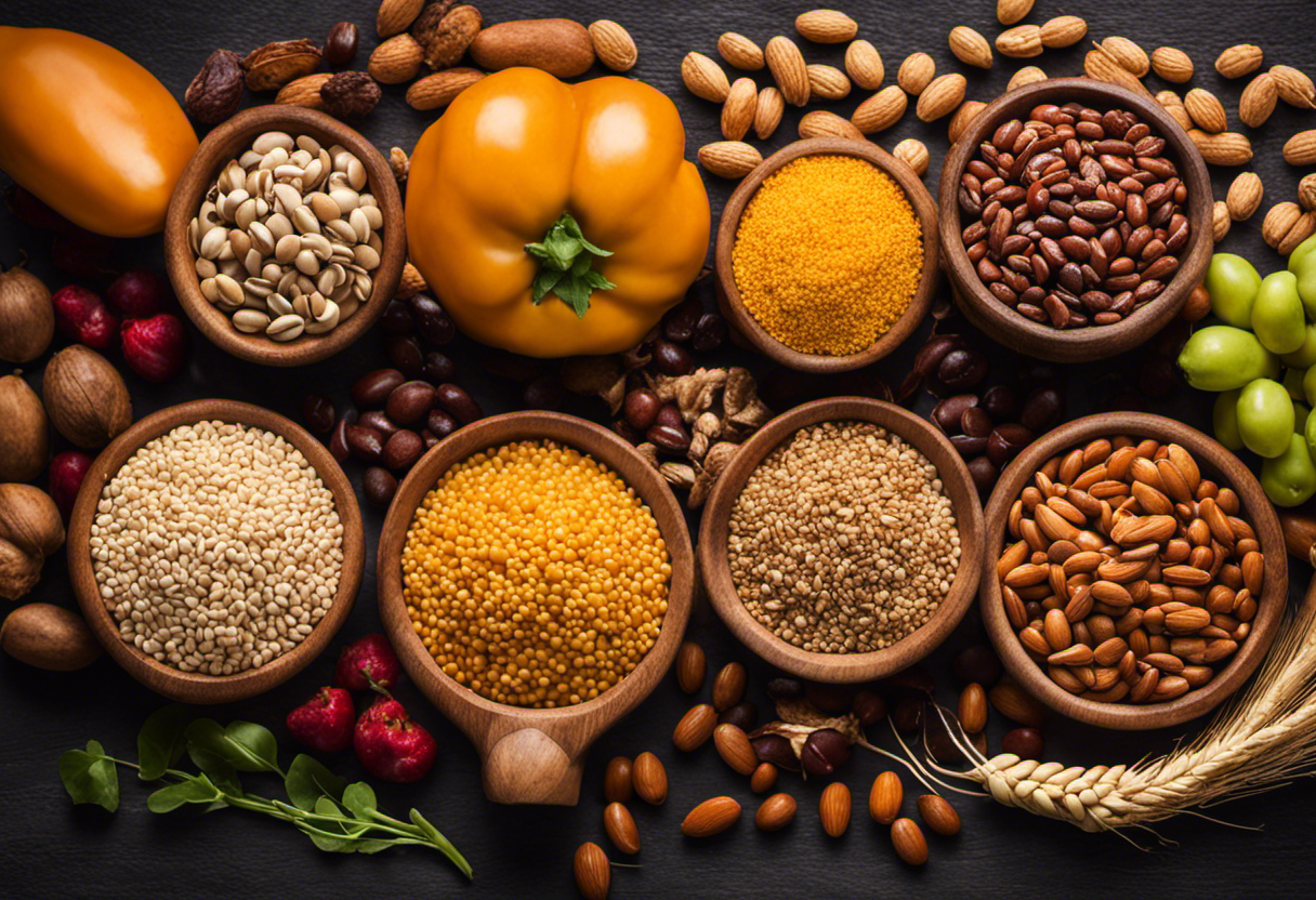 An image showcasing a vibrant array of nutrient-rich food sources that are rich in thiamine, such as whole grains, legumes, nuts, and seeds, surrounded by a radiant glow symbolizing overall health and vitality