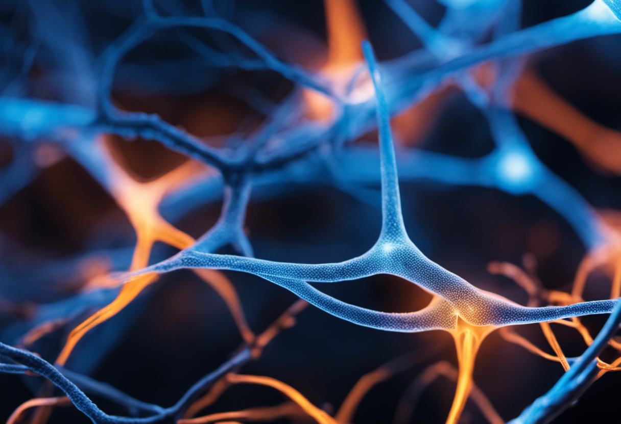 An image showcasing a vibrant, intricate network of neurons illuminated by a soft, blue light