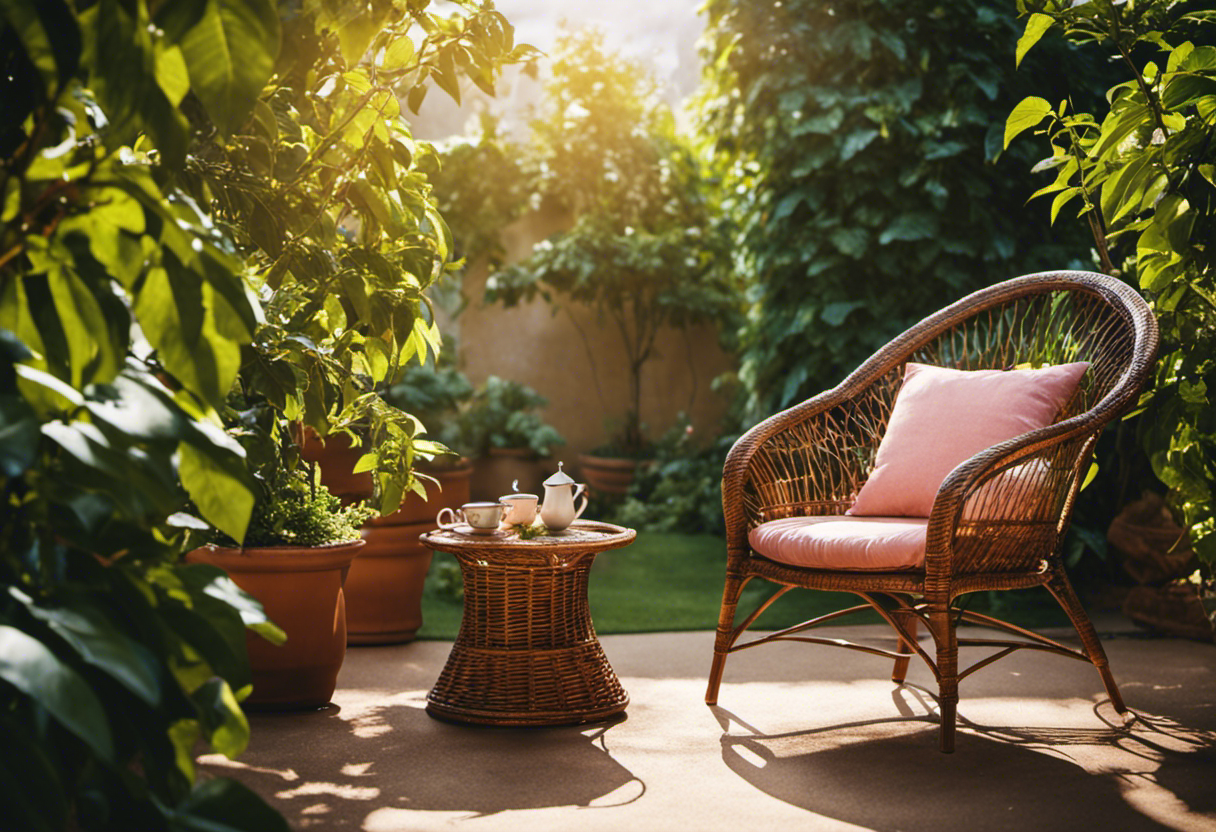 An image of a tranquil, sun-drenched patio with a wicker chair surrounded by lush, vibrant passion fruit vines