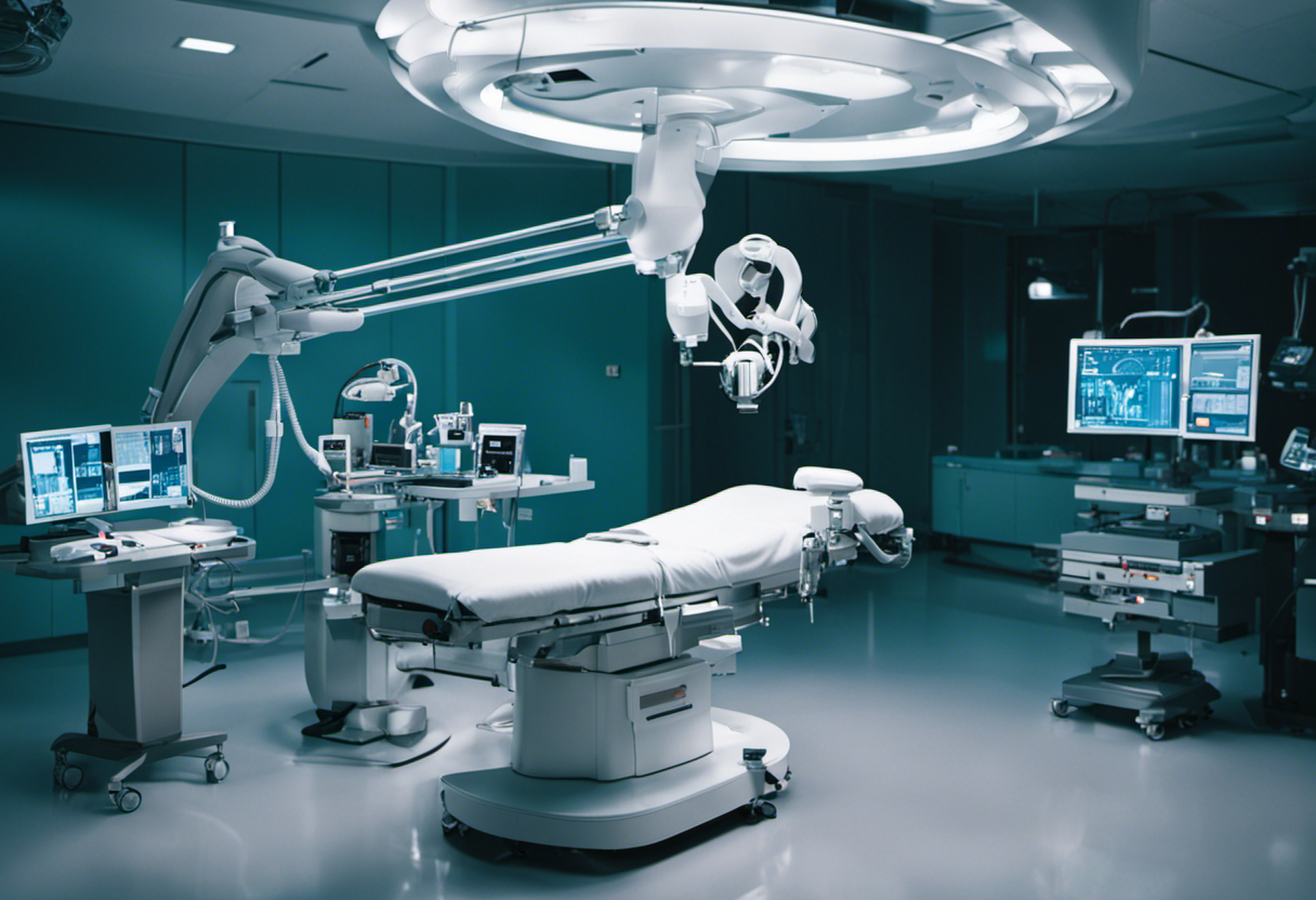 An image showcasing a state-of-the-art operating theater, where a surgeon, aided by robotic arms, performs laser gallbladder surgery on a patient lying on a minimally invasive table, surrounded by advanced medical equipment