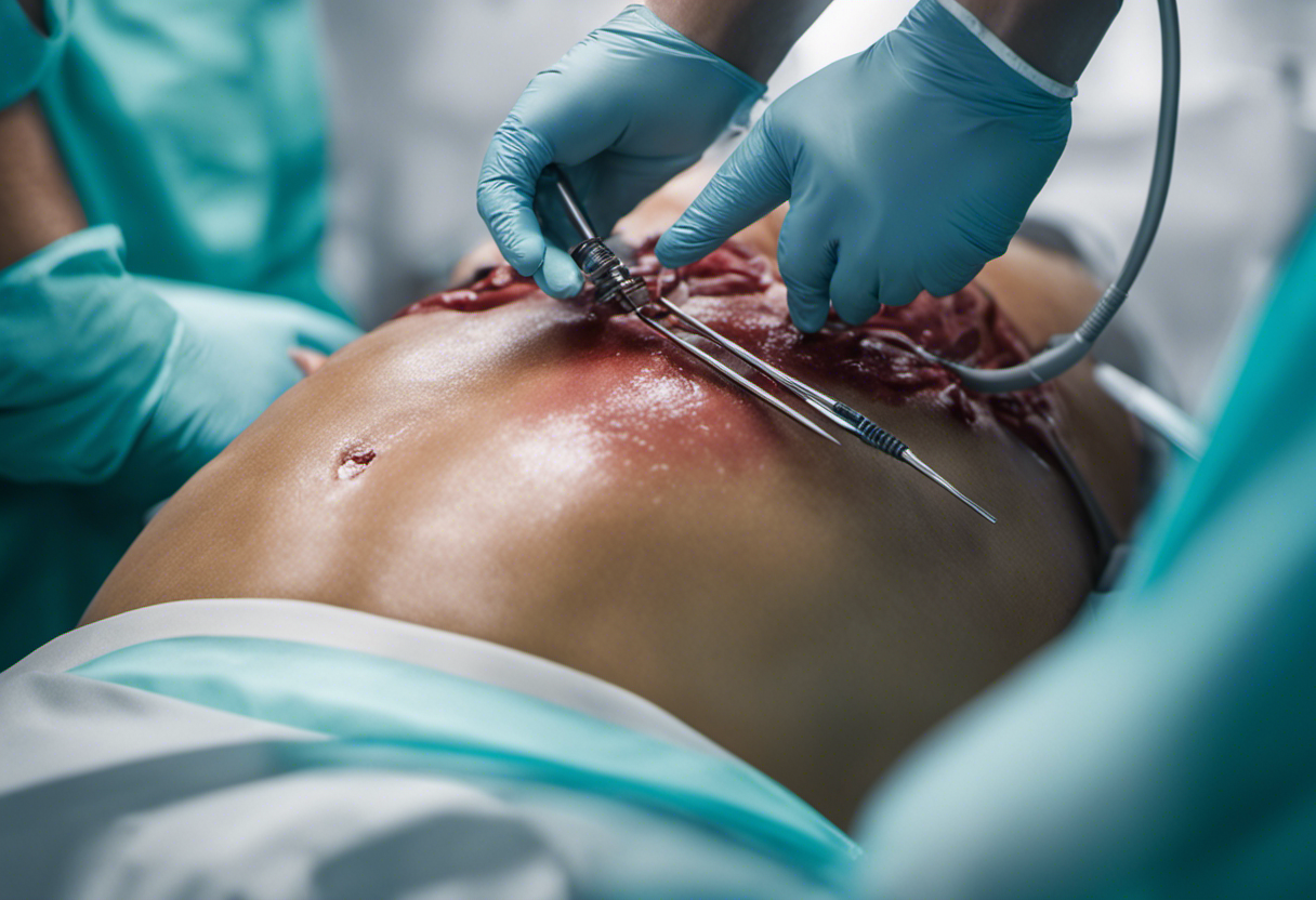 An image showcasing a surgeon skillfully inserting small surgical tools through tiny incisions on a patient's abdomen, revealing a vivid view of the internal organs during a Videolaparoscopic Bariatric Surgery