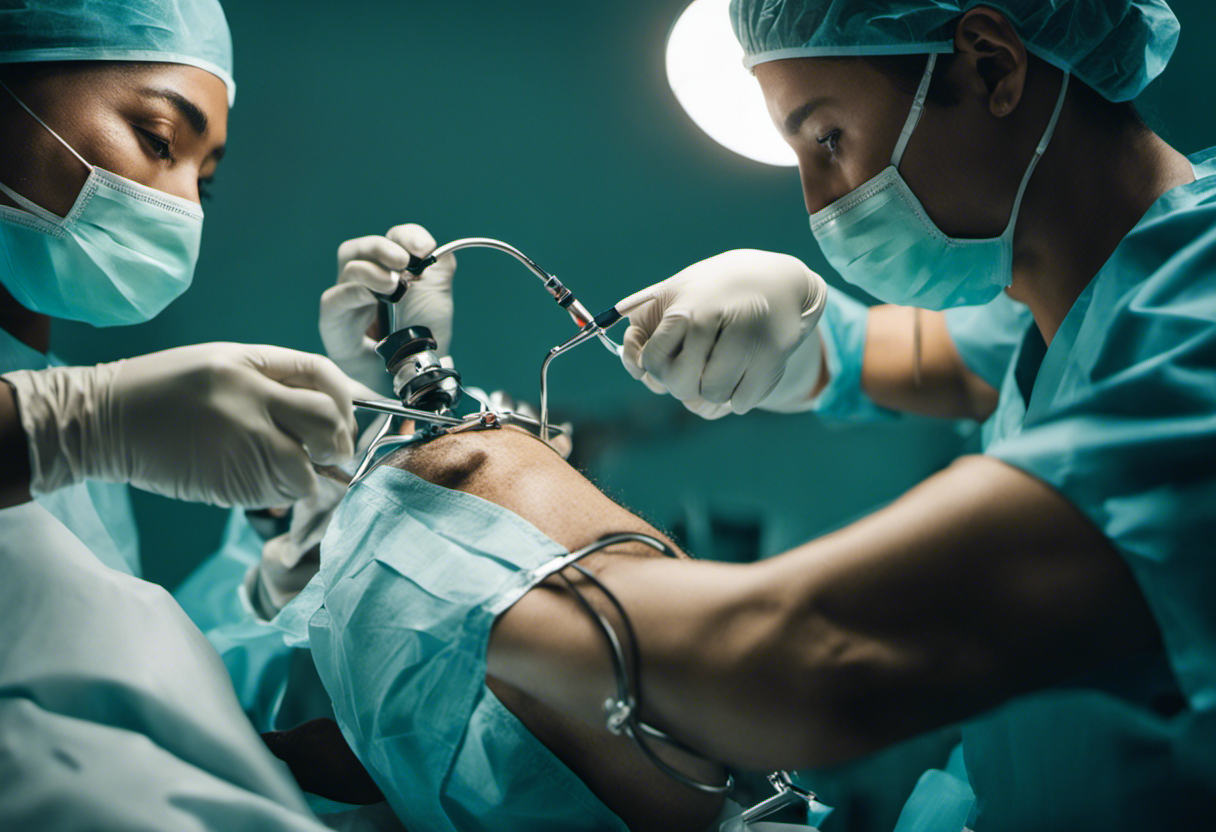 An image showcasing a surgeon delicately operating on a patient's leg, with various medical instruments neatly arranged nearby