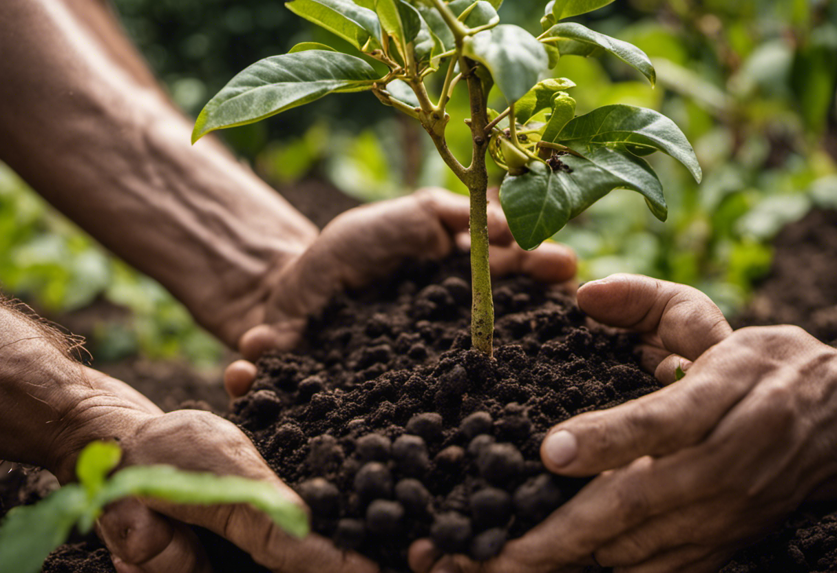 An image capturing the process of planting passion fruit: A pair of hands gently placing a healthy passion fruit seedling into rich, dark soil inside a neatly dug hole, surrounded by a trellis for support