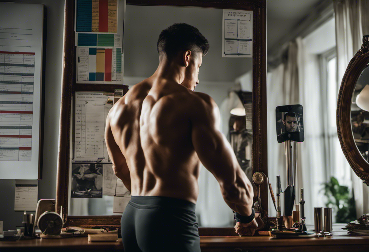 An image showcasing a person in front of a mirror, flexing their well-defined muscles