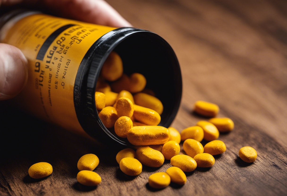 An image showcasing a close-up view of a hand holding a bottle of turmeric tablets, with vibrant yellow tablets spilling out onto a wooden surface, highlighting the convenience and ease of consumption
