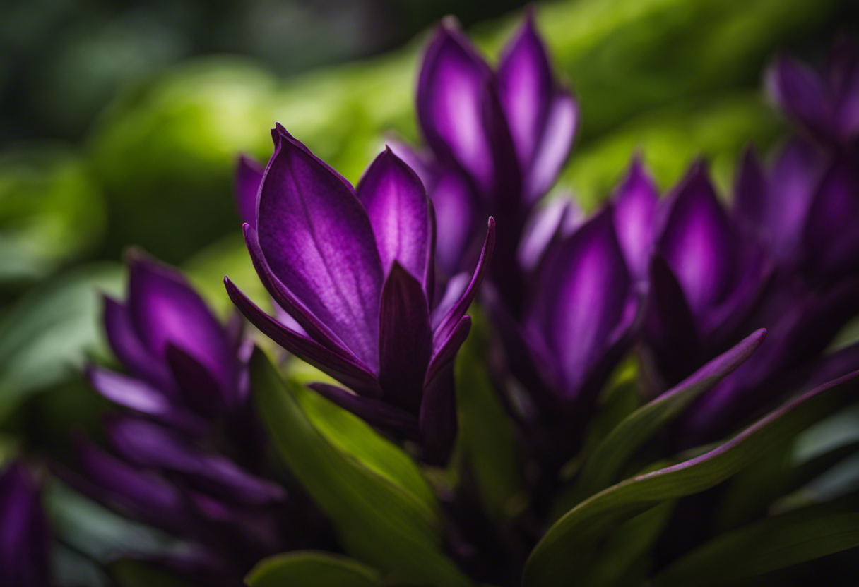 An image showcasing the mesmerizing beauty of Curcuma Caesia, its dark violet inflorescence contrasting against lush green leaves, capturing the unique essence of this rare variety in all its glory